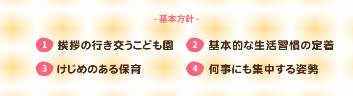 基本方針：挨拶の行き交うこども園　基本的な生活習慣の定着　けじめのある保育　何事にも集中する姿勢 